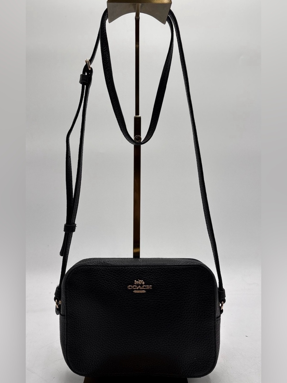 Coach Black Pebbled Leather Mini Camera bag with Gold Logo